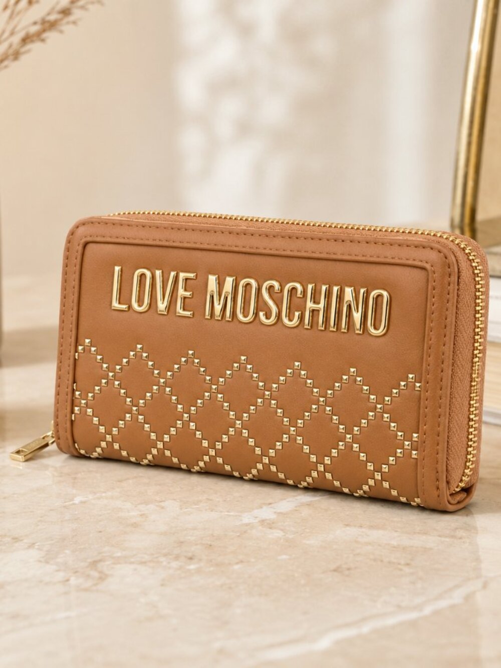 Love Moschino Tan Studded Zip-Around Wallet Gold Logo NWT
